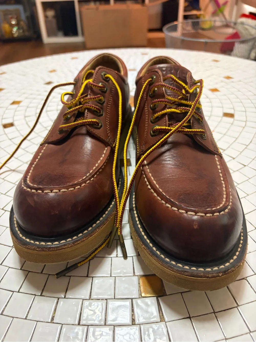 Men's Brown Leather Moc Toe Casual Shoes with Yellow Laces